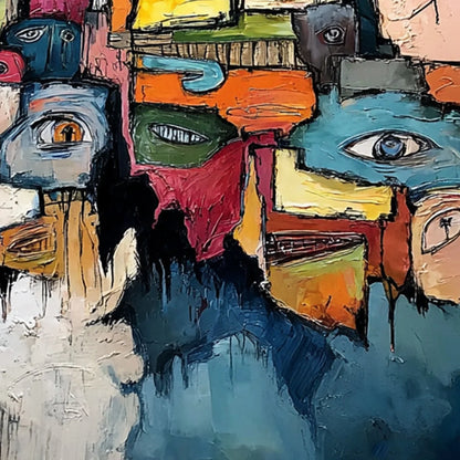 KALEIDOSCOPE OF SOULS: Large Colorful Abstract Faces Oil Painting | rectangular format, hand-painted canvas edge