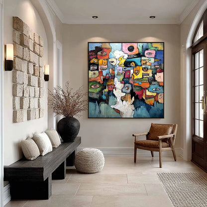 KALEIDOSCOPE OF SOULS: Large Colorful Abstract Faces Oil Painting | gold frame stretched on neutral wall