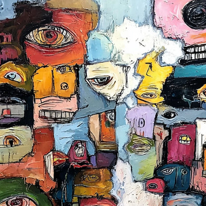 KALEIDOSCOPE OF SOULS: Large Colorful Abstract Faces Oil Painting | rolled canvas, ready for custom framing