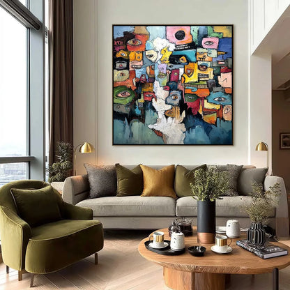 KALEIDOSCOPE OF SOULS: Large Colorful Abstract Faces Oil Painting | black frame version on white wall