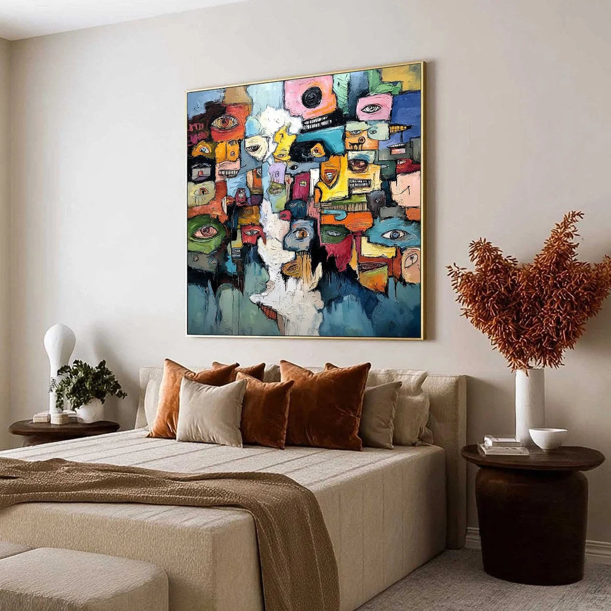 KALEIDOSCOPE OF SOULS: Large Colorful Abstract Faces Oil Painting | Abstract mood, soft natural light studio shot