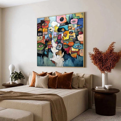 KALEIDOSCOPE OF SOULS: Large Colorful Abstract Faces Oil Painting | Abstract mood, soft natural light studio shot