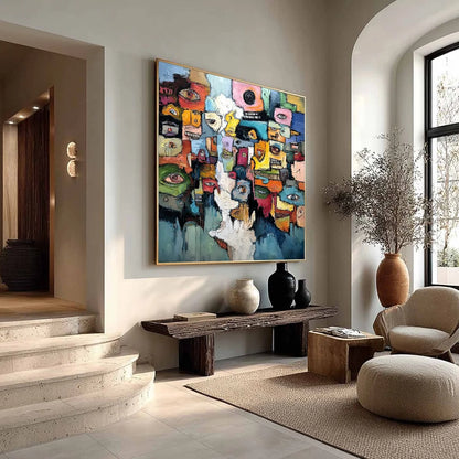 KALEIDOSCOPE OF SOULS: Large Colorful Abstract Faces Oil Painting | multi-color palette, original oil on stretched canvas art
