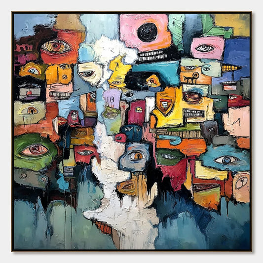KALEIDOSCOPE OF SOULS: Large Colorful Abstract Faces Oil Painting | hanging in living room, Abstract wall art