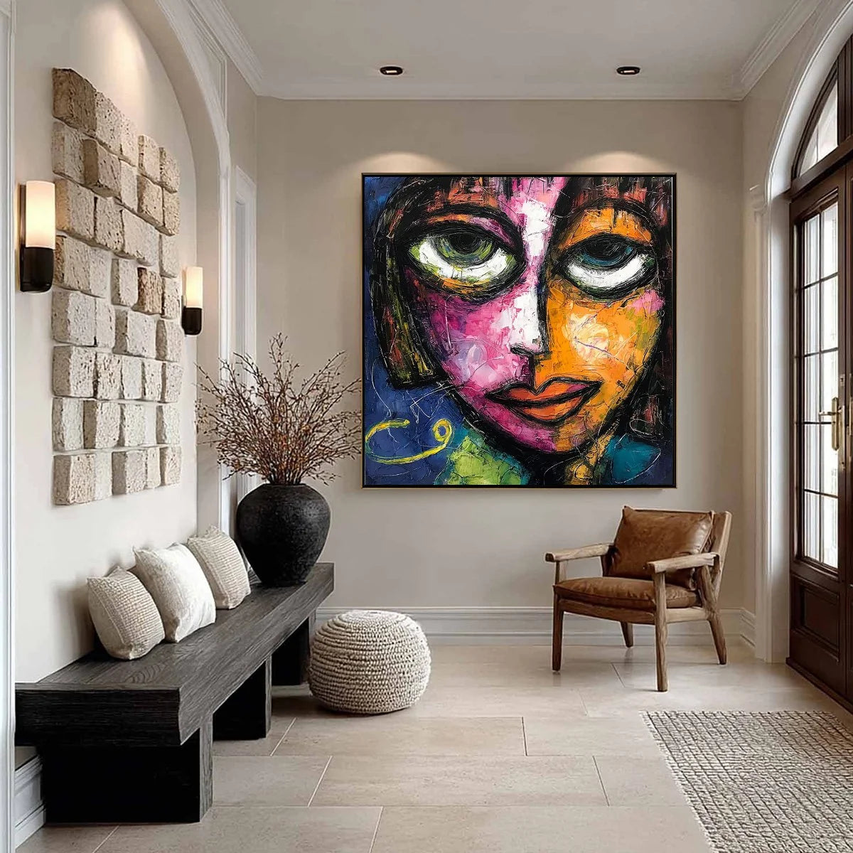 KALEIDOSCOPE SOUL: Colorful Abstract Impasto Portrait Oil Painting on Canvas | gold frame stretched on neutral wall