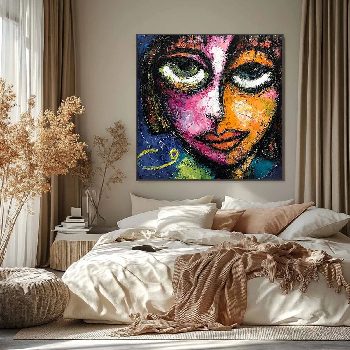KALEIDOSCOPE SOUL: Colorful Abstract Impasto Portrait Oil Painting on Canvas | black frame version on white wall