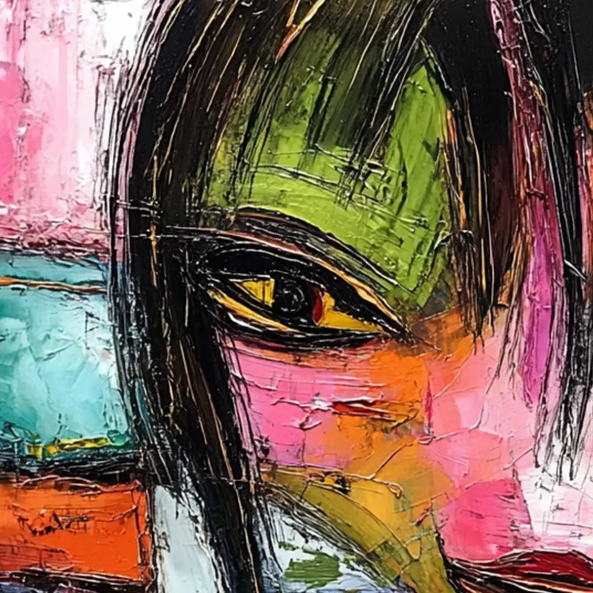 KALEIDOSCOPE SOUL: Colorful Abstract Impasto Portrait Oil Painting | rectangular format, hand-painted canvas edge