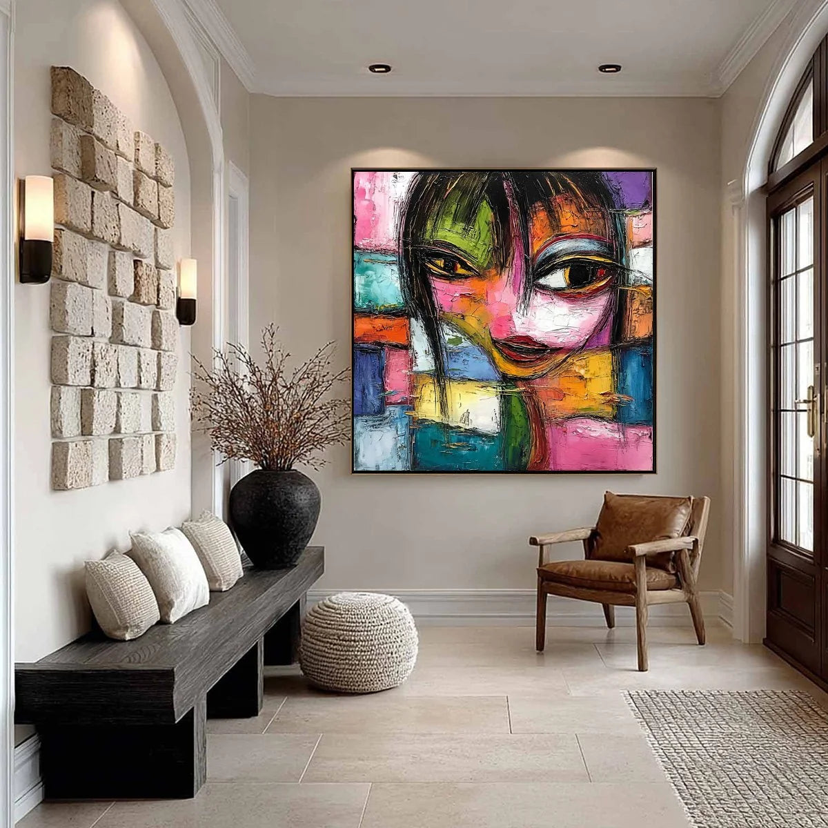 KALEIDOSCOPE SOUL: Colorful Abstract Impasto Portrait Oil Painting | gold frame stretched on neutral wall