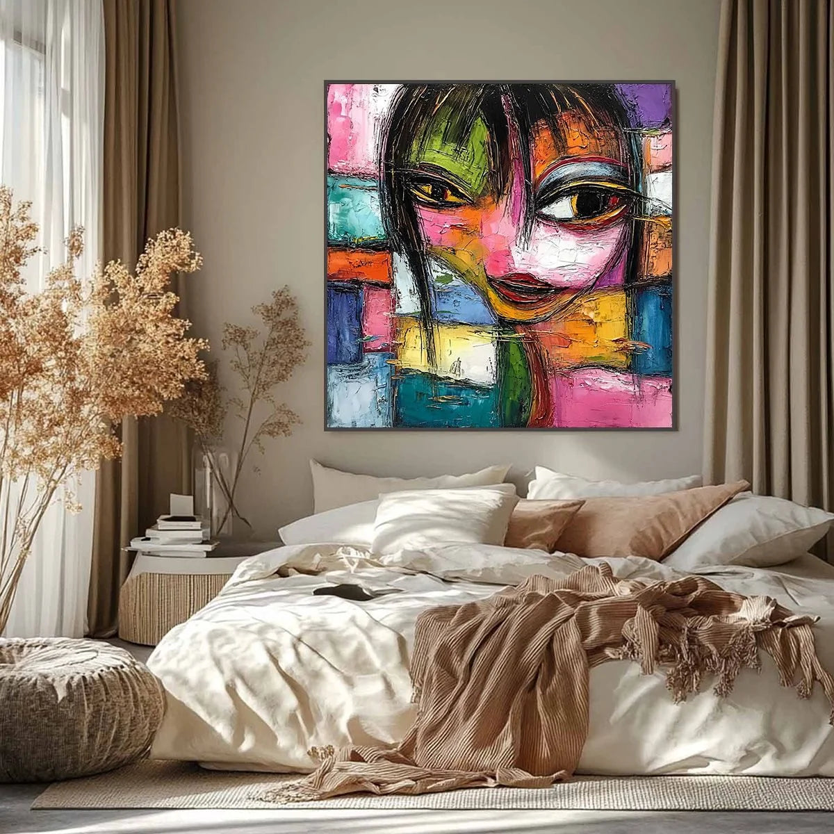 KALEIDOSCOPE SOUL: Colorful Abstract Impasto Portrait Oil Painting | black frame version on white wall