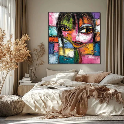 KALEIDOSCOPE SOUL: Colorful Abstract Impasto Portrait Oil Painting | black frame version on white wall