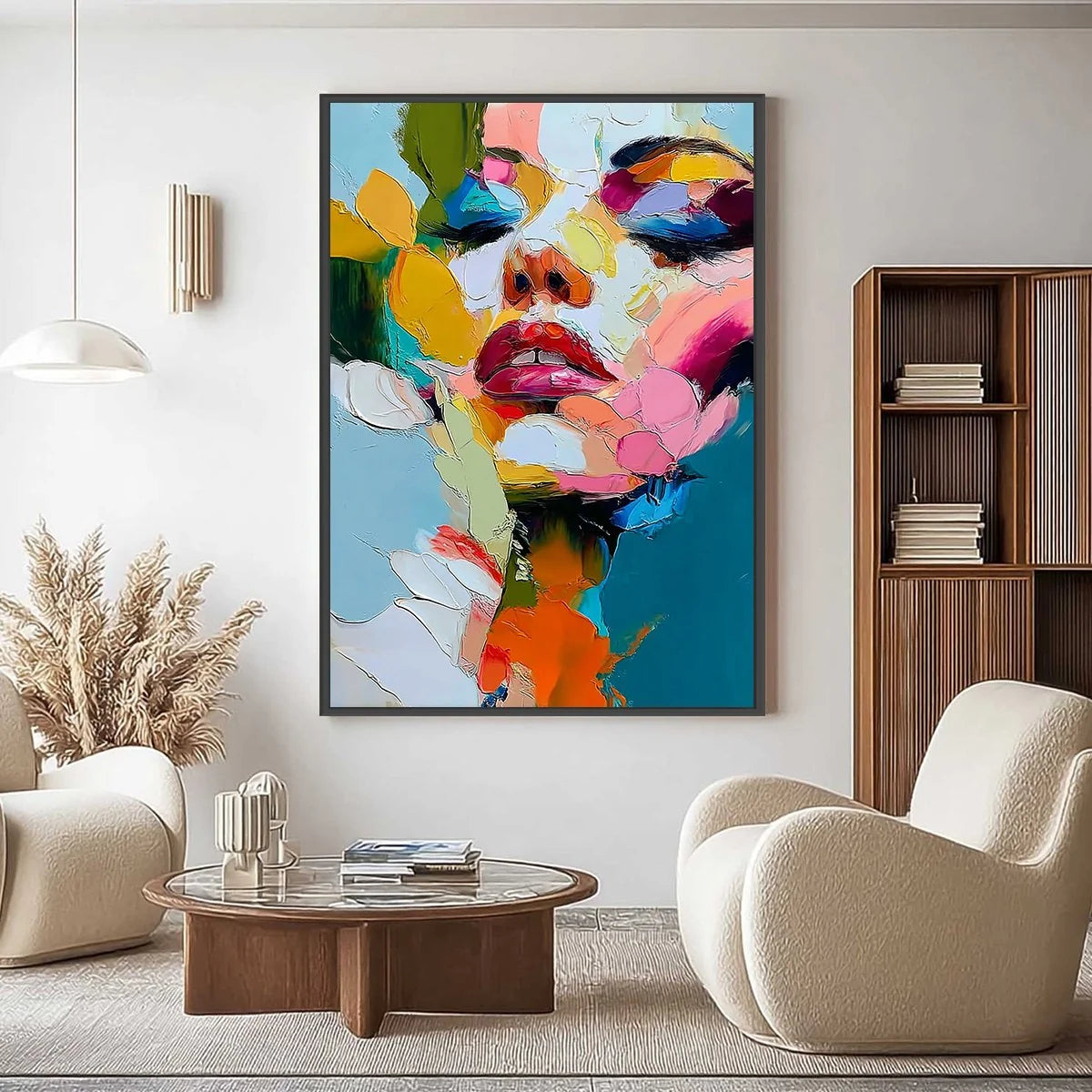 KALEIDOSCOPE SOUL: Colorful Abstract Impasto Portrait Oil Painting | gold frame stretched on neutral wall