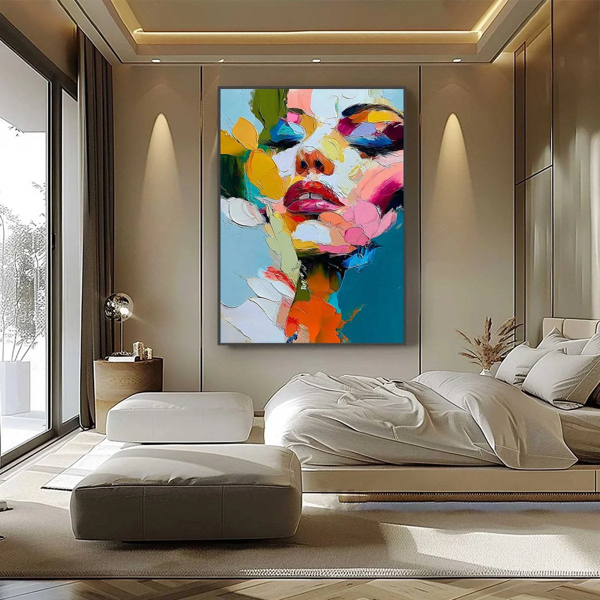 KALEIDOSCOPE SOUL: Colorful Abstract Impasto Portrait Oil Painting | black frame version on white wall