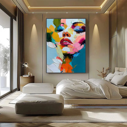 KALEIDOSCOPE SOUL: Colorful Abstract Impasto Portrait Oil Painting | black frame version on white wall