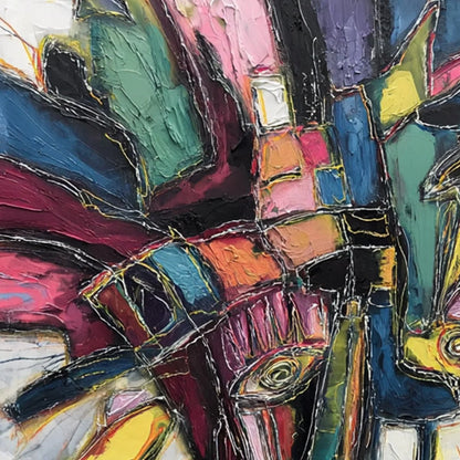 KALEIDOSCOPE SOUL: Large Colorful Abstract Portrait Impasto Painting | rectangular format, hand-painted canvas edge
