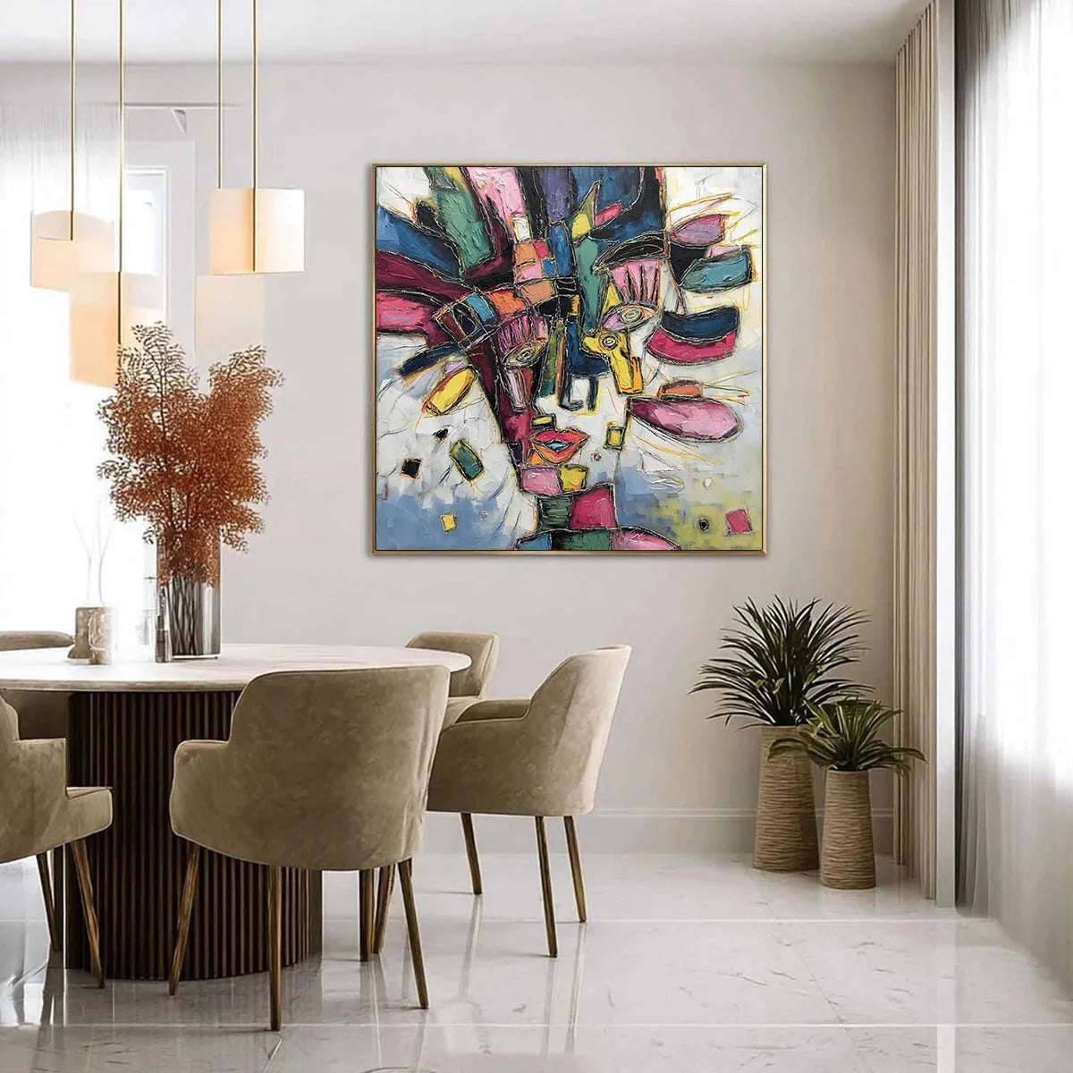 KALEIDOSCOPE SOUL: Large Colorful Abstract Portrait Impasto Painting | gold frame stretched on neutral wall
