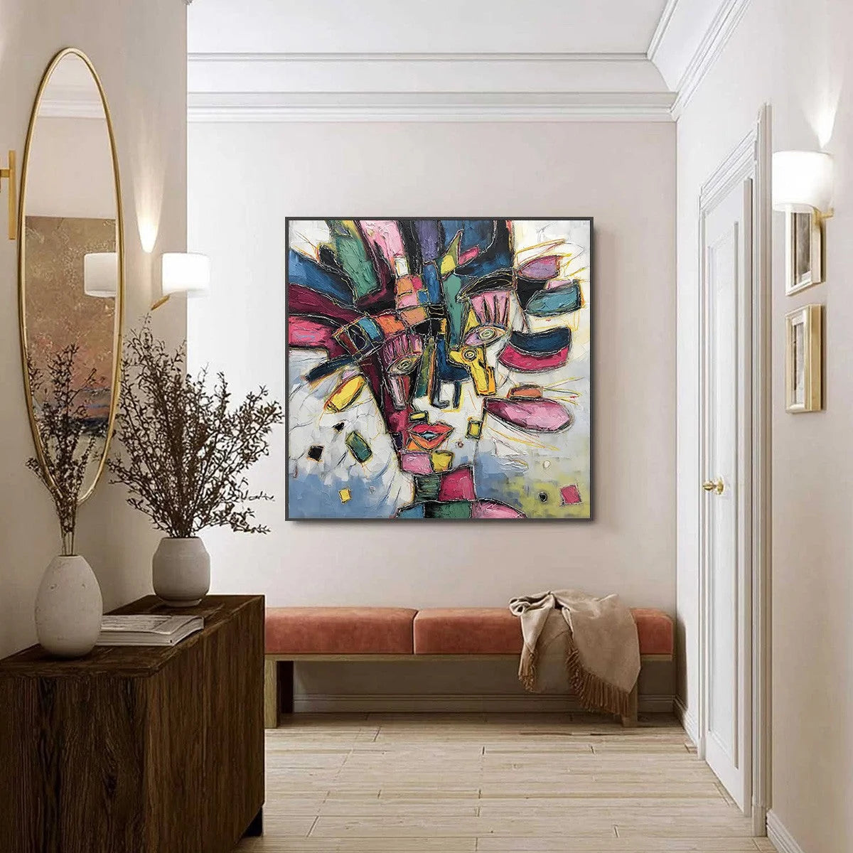 KALEIDOSCOPE SOUL: Large Colorful Abstract Portrait Impasto Painting | black frame version on white wall