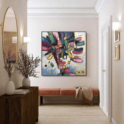 KALEIDOSCOPE SOUL: Large Colorful Abstract Portrait Impasto Painting | black frame version on white wall