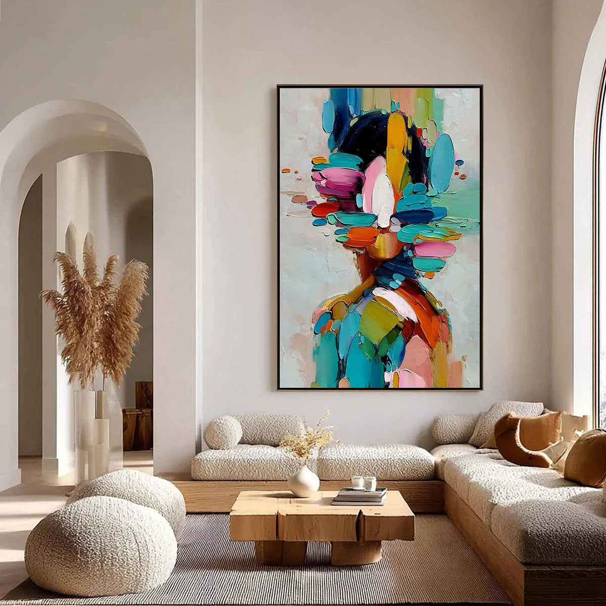 KALEIDOSCOPE SOUL: Colorful Abstract Portrait Impasto Style Wall Art | gold frame stretched on neutral wall