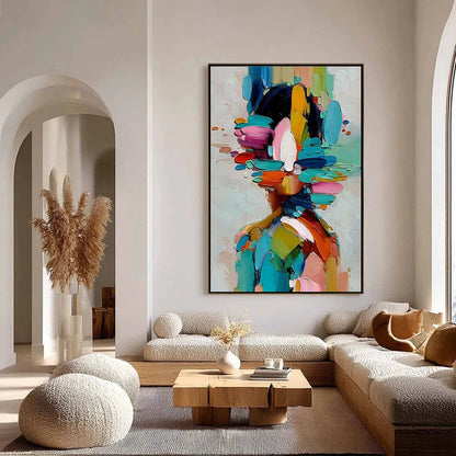 KALEIDOSCOPE SOUL: Colorful Abstract Portrait Impasto Style Wall Art | gold frame stretched on neutral wall