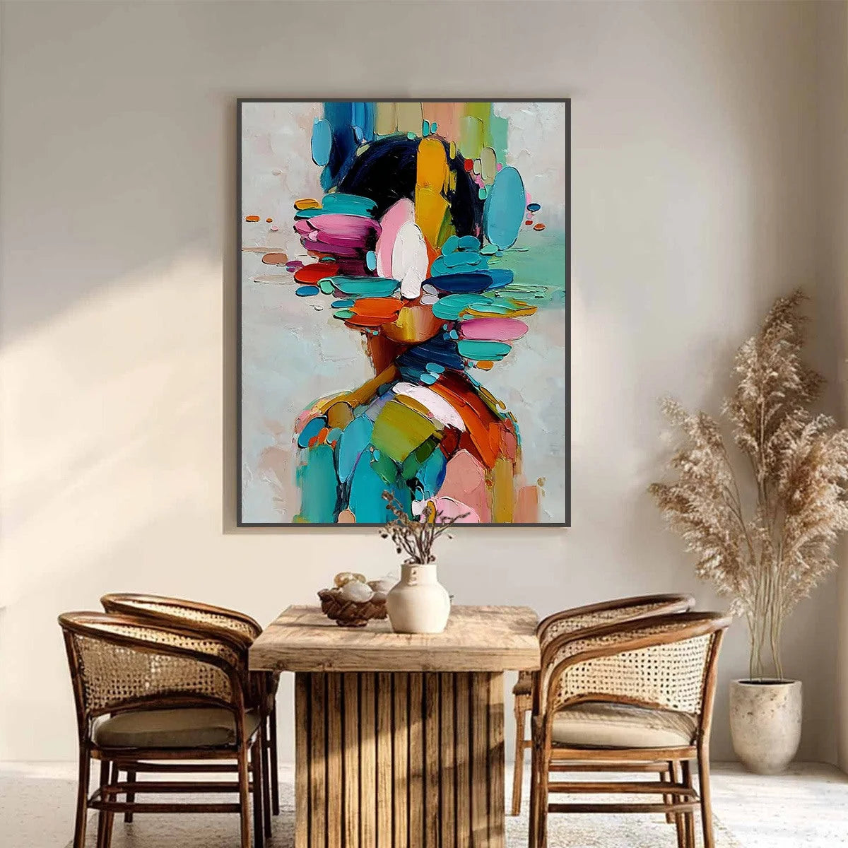 KALEIDOSCOPE SOUL: Colorful Abstract Portrait Impasto Style Wall Art | black frame version on white wall