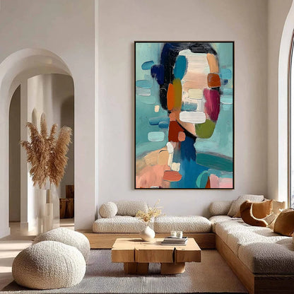Kaleidoscope: Textured Abstract Portrait Oil Painting Wall Art | gold frame stretched on neutral wall