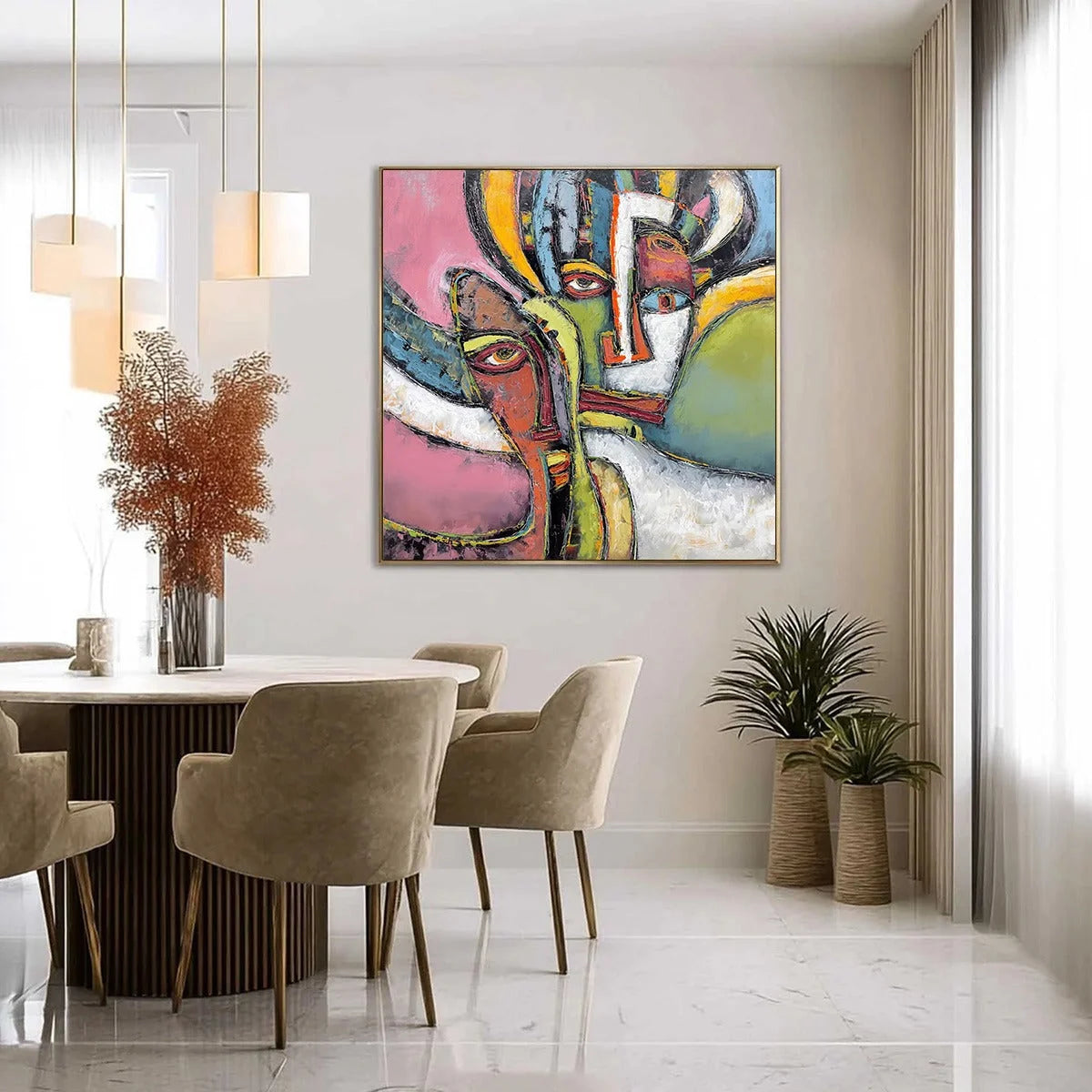 KINDRED SPIRITS: Colorful Abstract Impasto Portrait Oil Painting | gold frame stretched on neutral wall