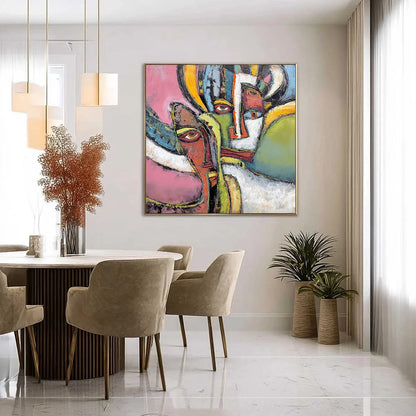 KINDRED SPIRITS: Colorful Abstract Impasto Portrait Oil Painting | gold frame stretched on neutral wall