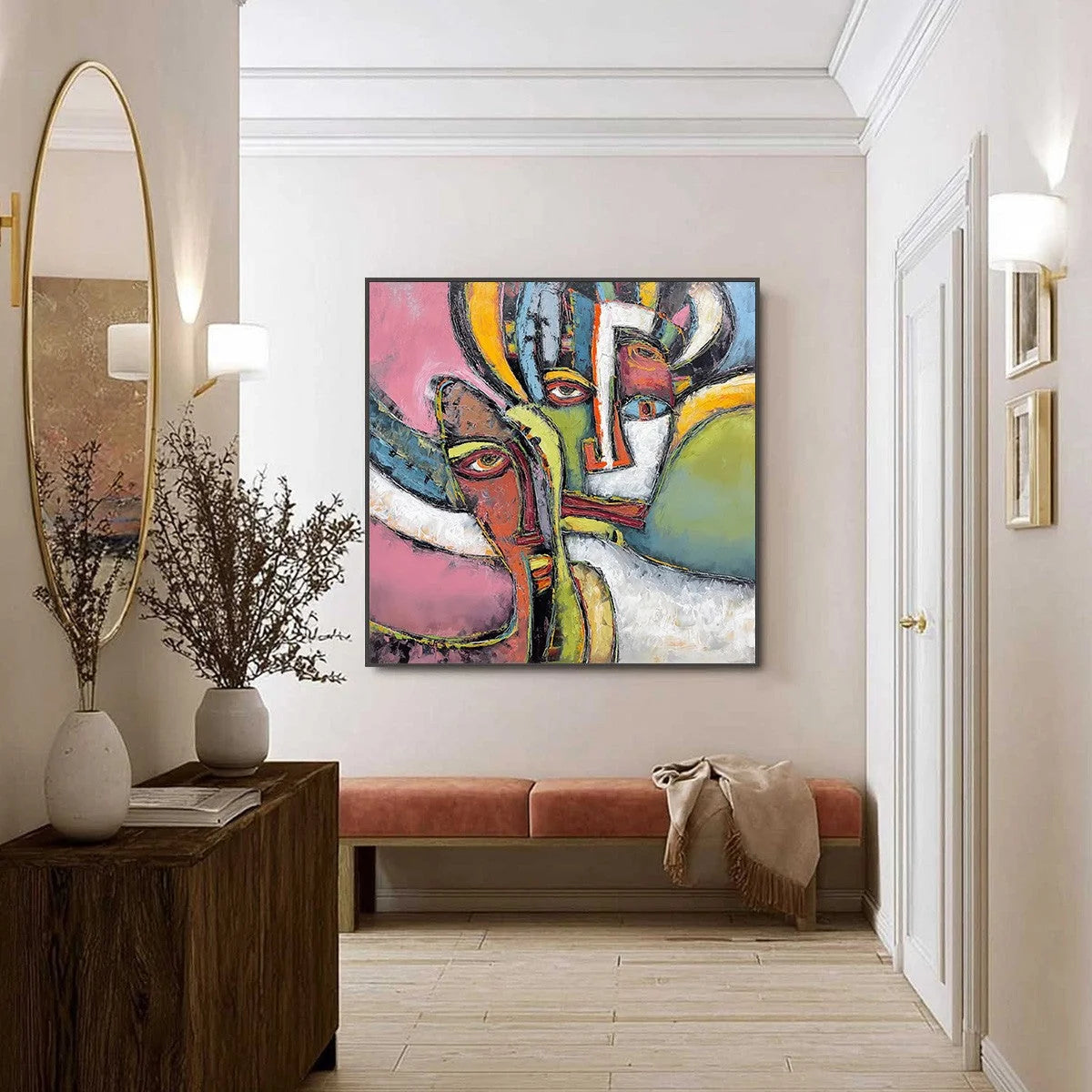 KINDRED SPIRITS: Colorful Abstract Impasto Portrait Oil Painting | black frame version on white wall