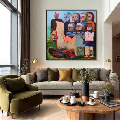 KINDRED SPIRITS: Expressive Figurative Group Portrait Oil Painting | black frame version on white wall
