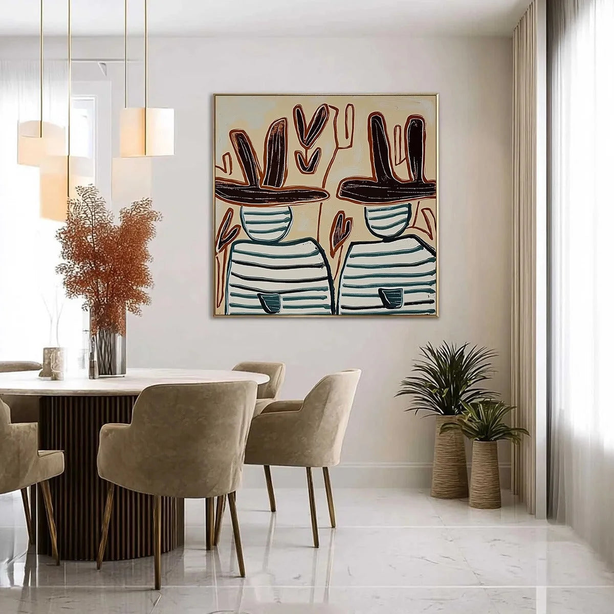 KINDRED SPIRITS: Modern Abstract Figurative Painting of Two Companions | gold frame stretched on neutral wall