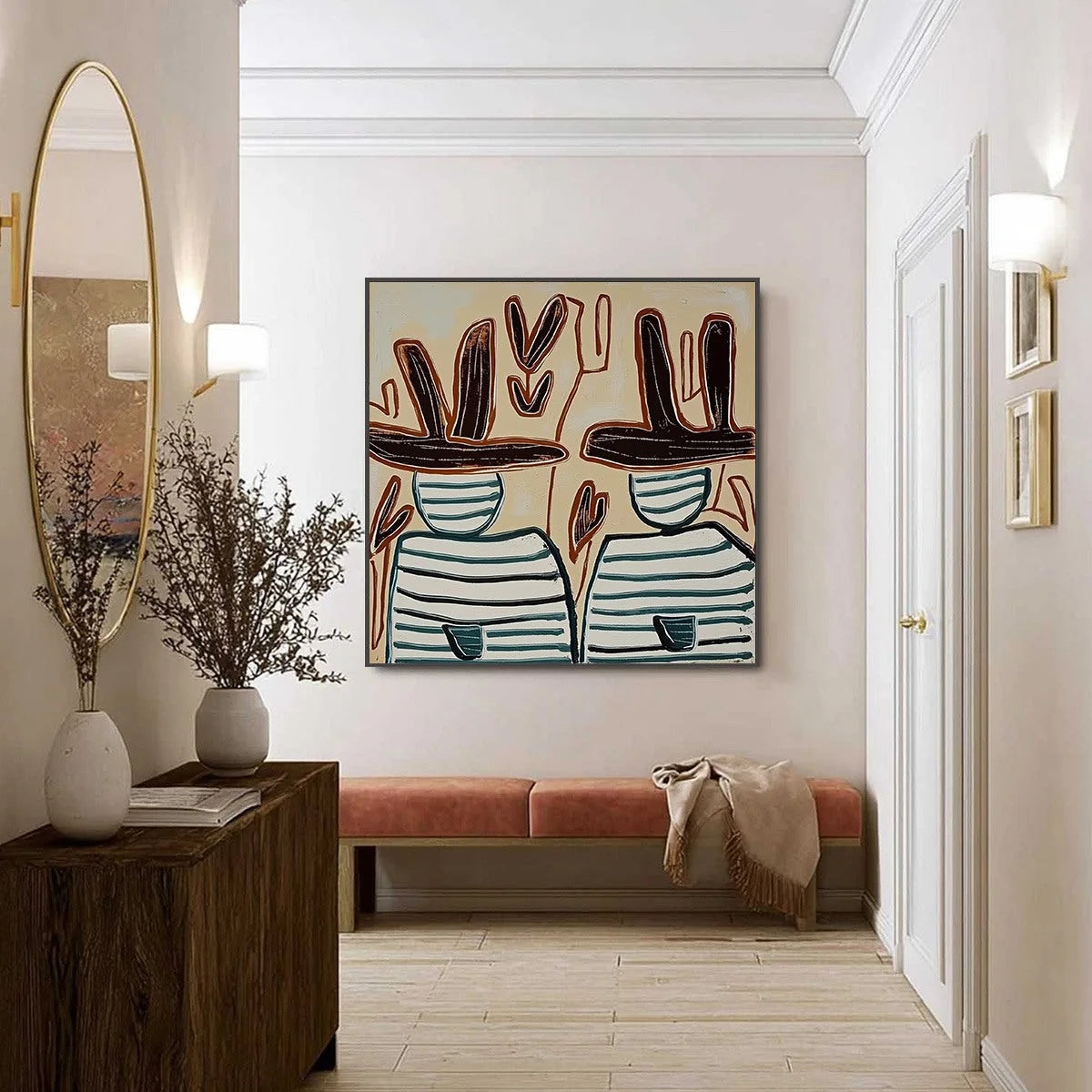 KINDRED SPIRITS: Modern Abstract Figurative Painting of Two Companions | black frame version on white wall