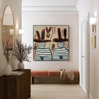 KINDRED SPIRITS: Modern Abstract Figurative Painting of Two Companions | black frame version on white wall