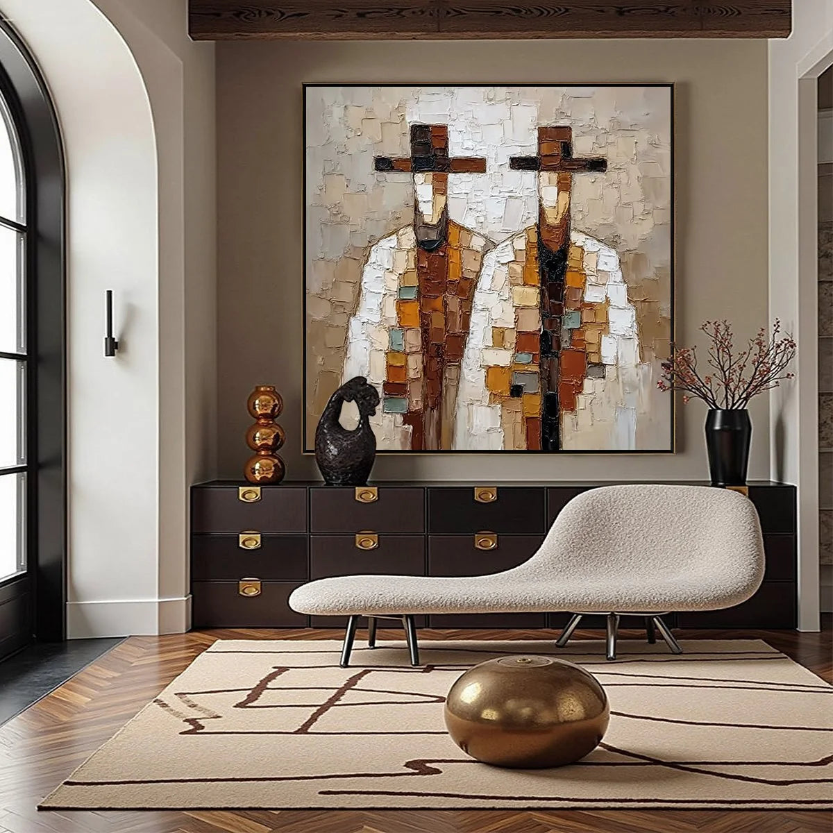 KINDRED SPIRITS: Textured Abstract Figurative Impasto Painting | black frame version on white wall