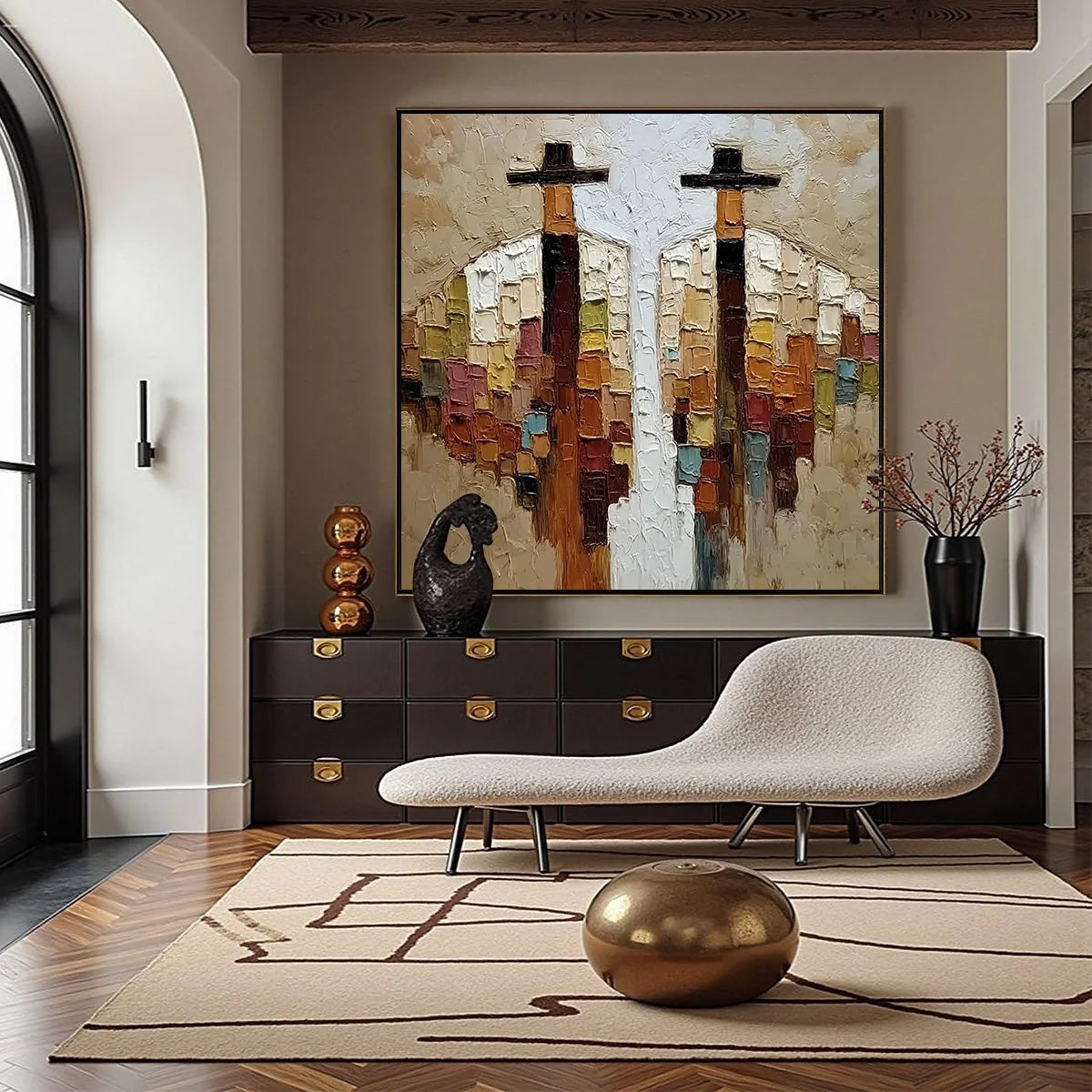 KINDRED SPIRITS: Textured Abstract Figurative Impasto Painting | gold frame stretched on neutral wall