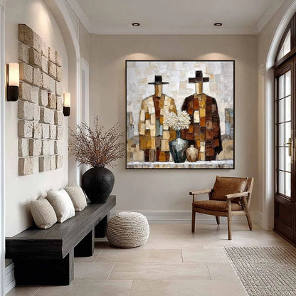 KINDRED SPIRITS: Textured Abstract Figurative Impasto Painting | gold frame stretched on neutral wall