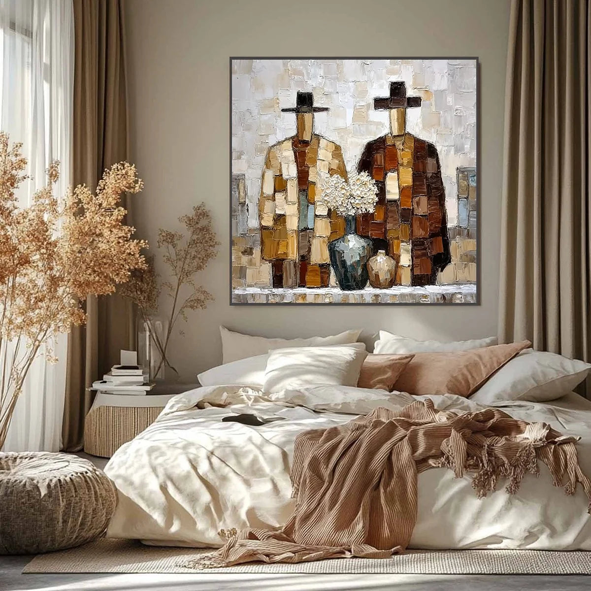KINDRED SPIRITS: Textured Abstract Figurative Impasto Painting | black frame version on white wall