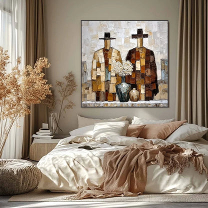 KINDRED SPIRITS: Textured Abstract Figurative Impasto Painting | black frame version on white wall
