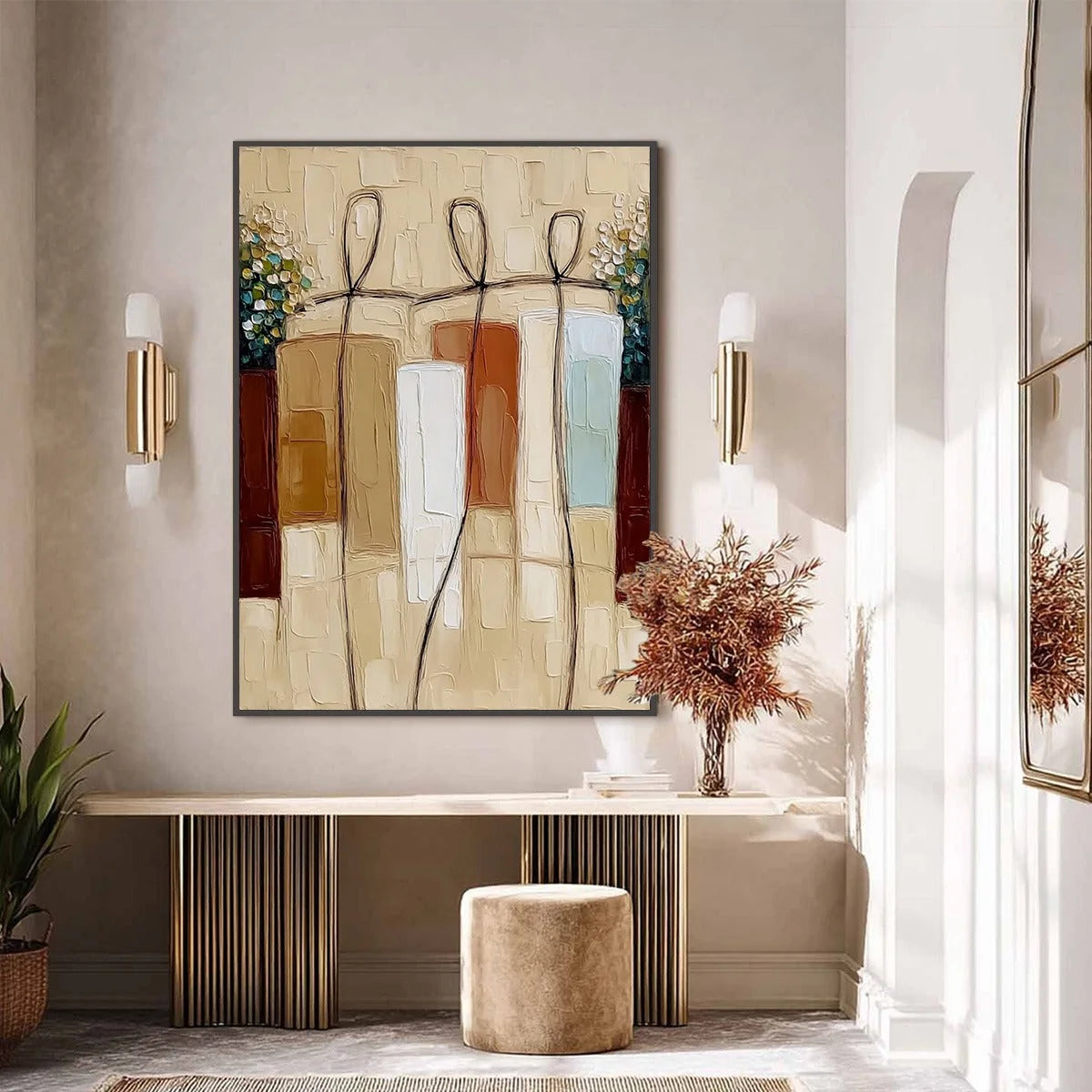 KINDRED SPIRITS: Textured Abstract Figurative Impasto Painting | black frame version on white wall