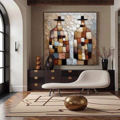 KINDRED SPIRITS: Textured Impasto Figurative Portrait Oil Painting | gold frame stretched on neutral wall