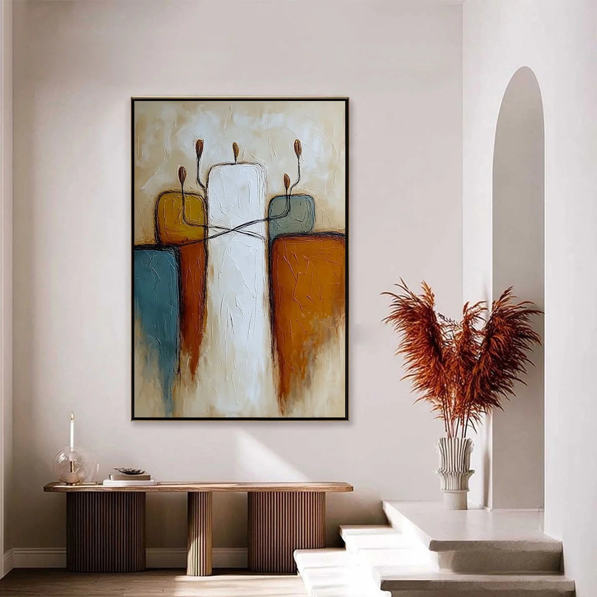 KINDRED: Textured Abstract Figurative Painting of Unity | gold frame stretched on neutral wall