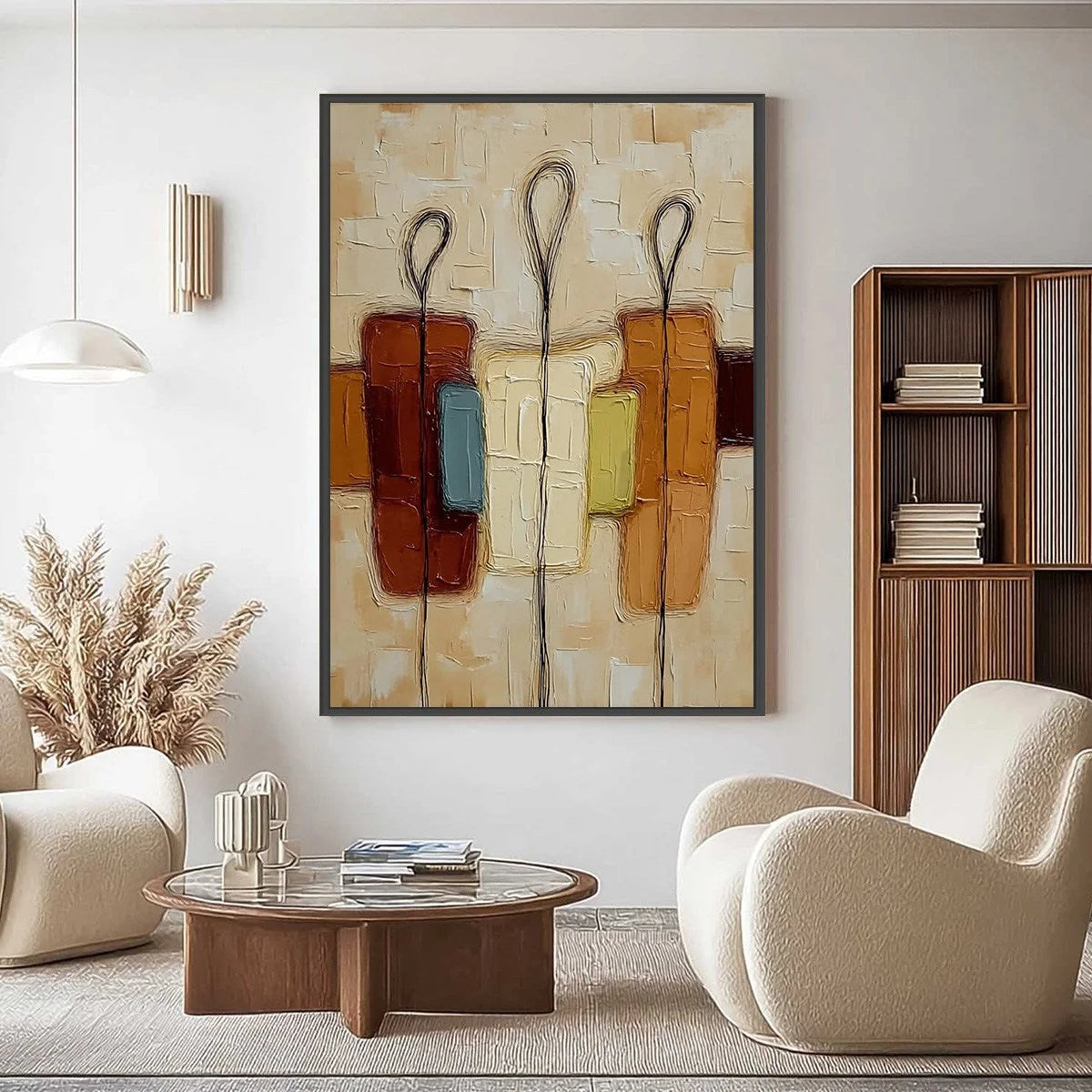 KINSHIP: Textured Abstract Figurative Painting of Three People | gold frame stretched on neutral wall