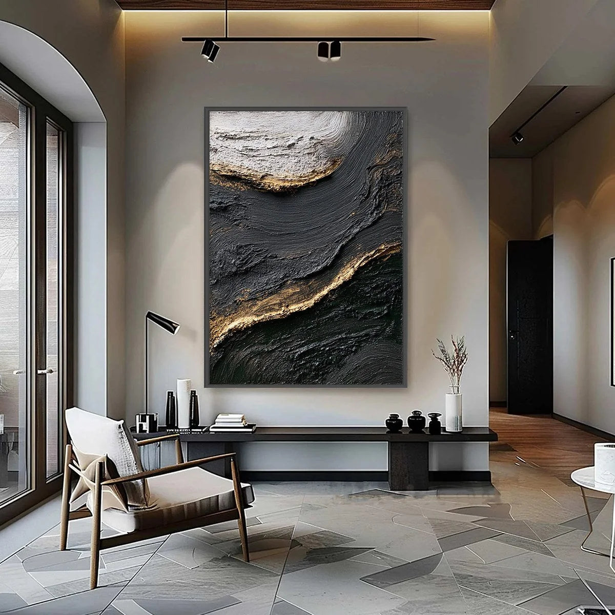 KINTSUGI RIVER: Wabi Sabi Textured Abstract Art in Black, White, and Gold | Abstract closeup, raised brushwork detail