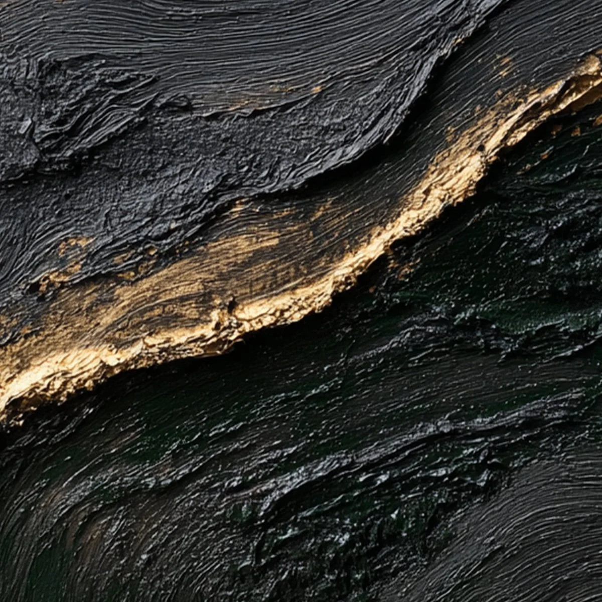 KINTSUGI RIVER: Wabi Sabi Textured Abstract Art in Black, White, and Gold | rectangular format, hand-painted canvas edge