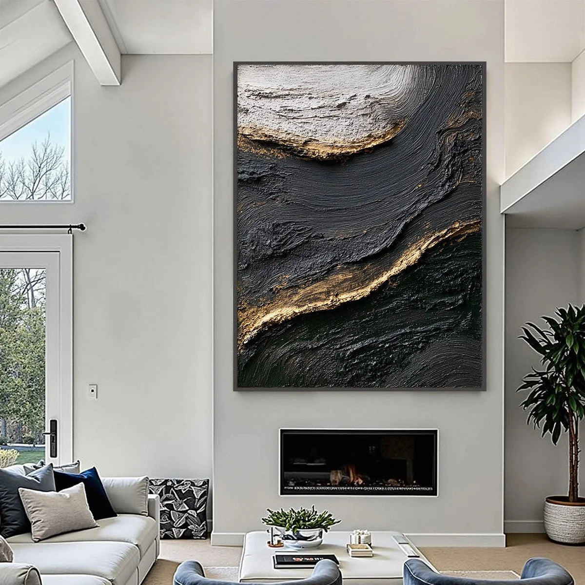 KINTSUGI RIVER: Wabi Sabi Textured Abstract Art in Black, White, and Gold | gold frame stretched on neutral wall