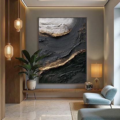 KINTSUGI RIVER: Wabi Sabi Textured Abstract Art in Black, White, and Gold | black frame version on white wall