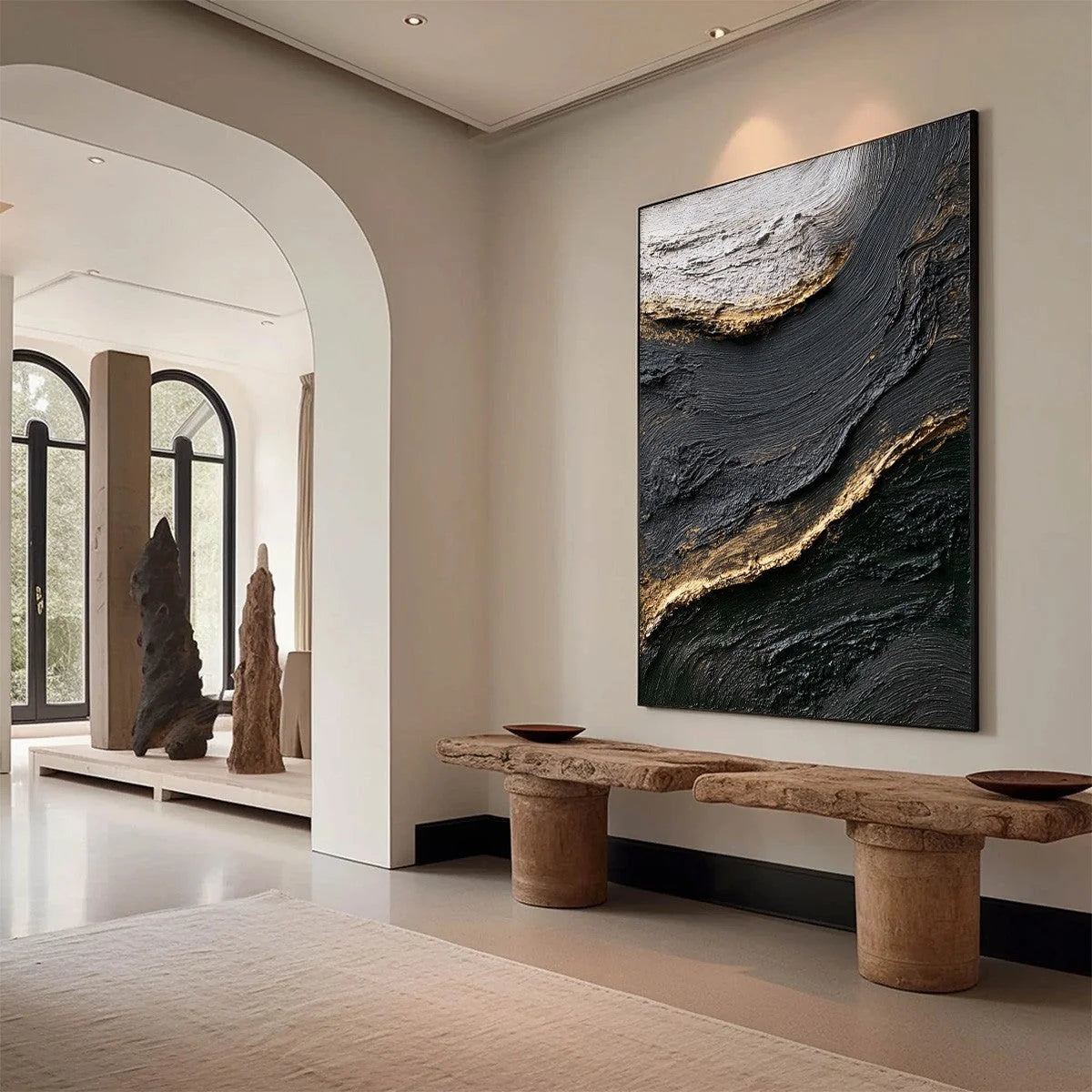 KINTSUGI RIVER: Wabi Sabi Textured Abstract Art in Black, White, and Gold | Abstract mood, soft natural light studio shot