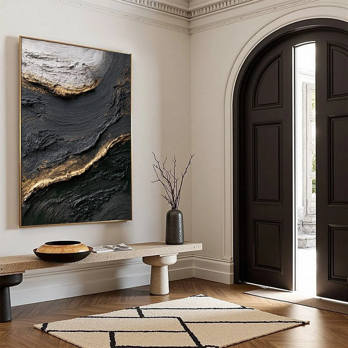 KINTSUGI RIVER: Wabi Sabi Textured Abstract Art in Black, White, and Gold | yellow palette, original oil on stretched canvas art