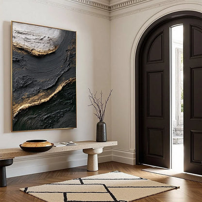 KINTSUGI RIVER: Wabi Sabi Textured Abstract Art in Black, White, and Gold | yellow palette, original oil on stretched canvas art
