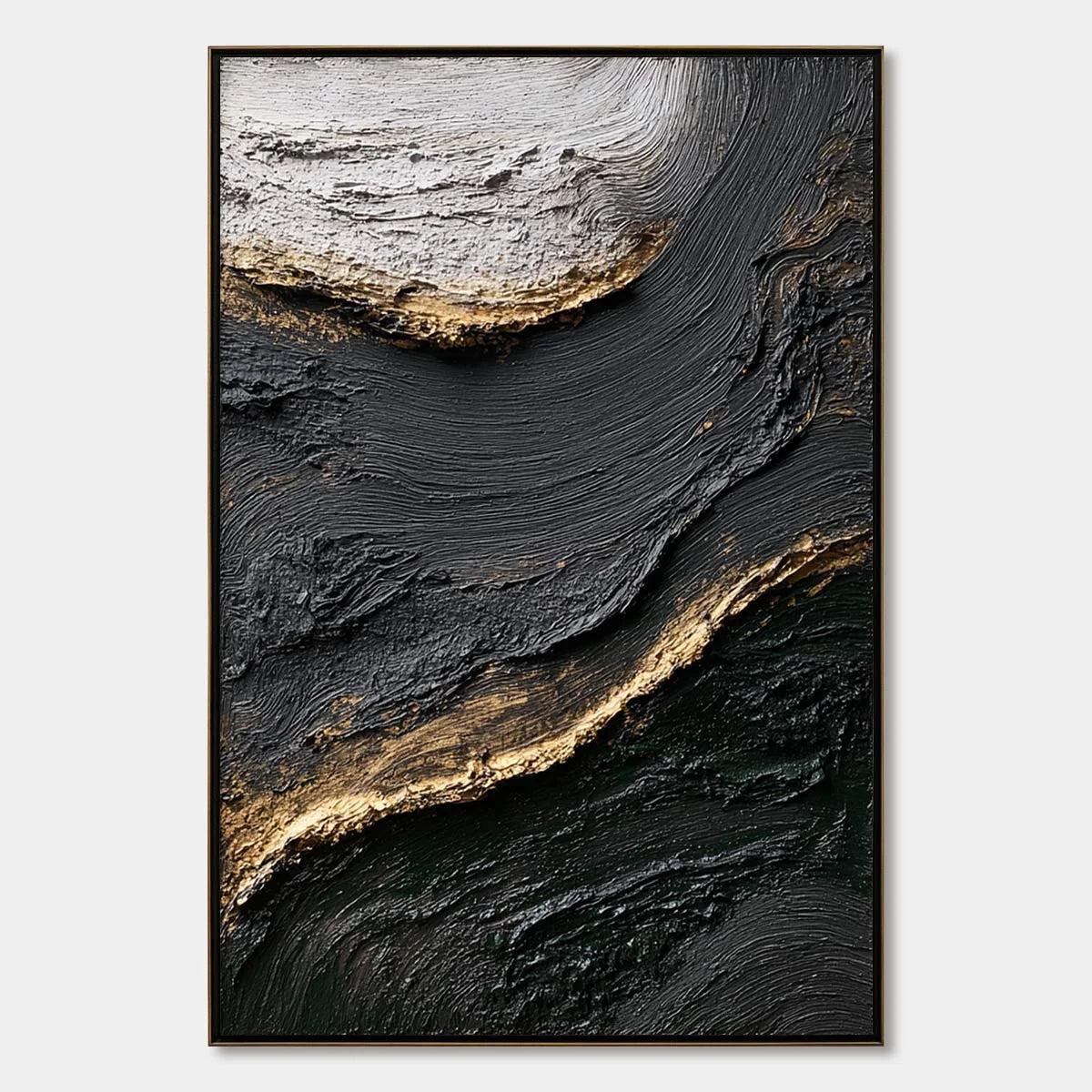 KINTSUGI RIVER: Wabi Sabi Textured Abstract Art in Black, White, and Gold | hanging in living room, Abstract wall art