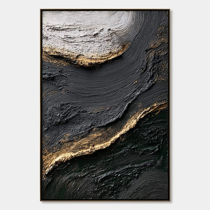 KINTSUGI RIVER: Wabi Sabi Textured Abstract Art in Black, White, and Gold | hanging in living room, Abstract wall art